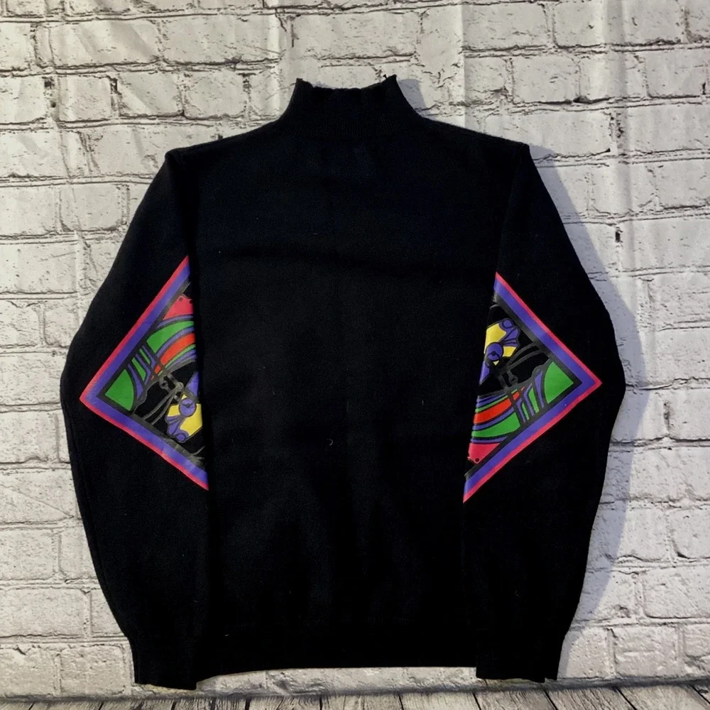 Hardy Amies Vintage Abstract Horse Graphic Mock Neck Sweater Black Multi Color - Picture 2 of 4